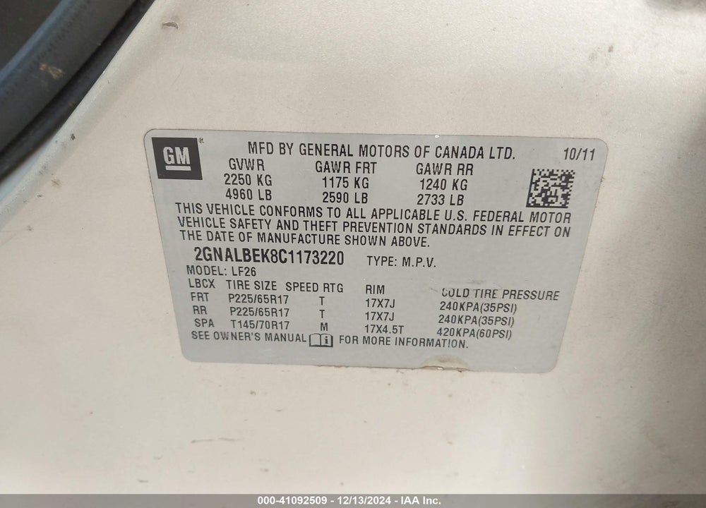 2012 CHEVROLET EQUINOX LS VIN: 2GNALBEK8C1173220
