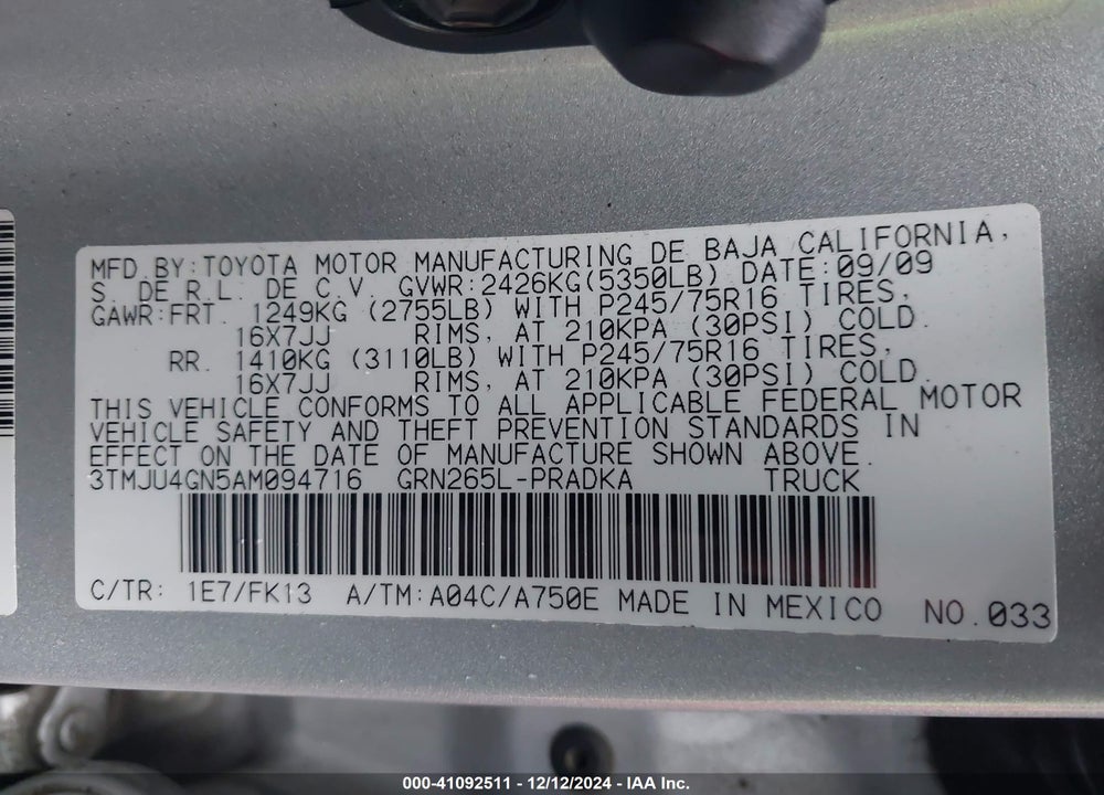2010 TOYOTA TACOMA PRERUNNER V6 VIN: 3TMJU4GN5AM094716