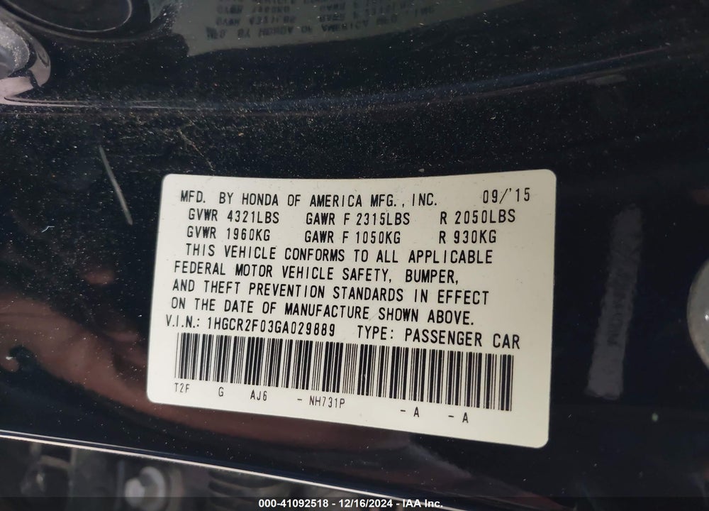 2016 HONDA ACCORD VIN: 1HGCR2F03GA029889