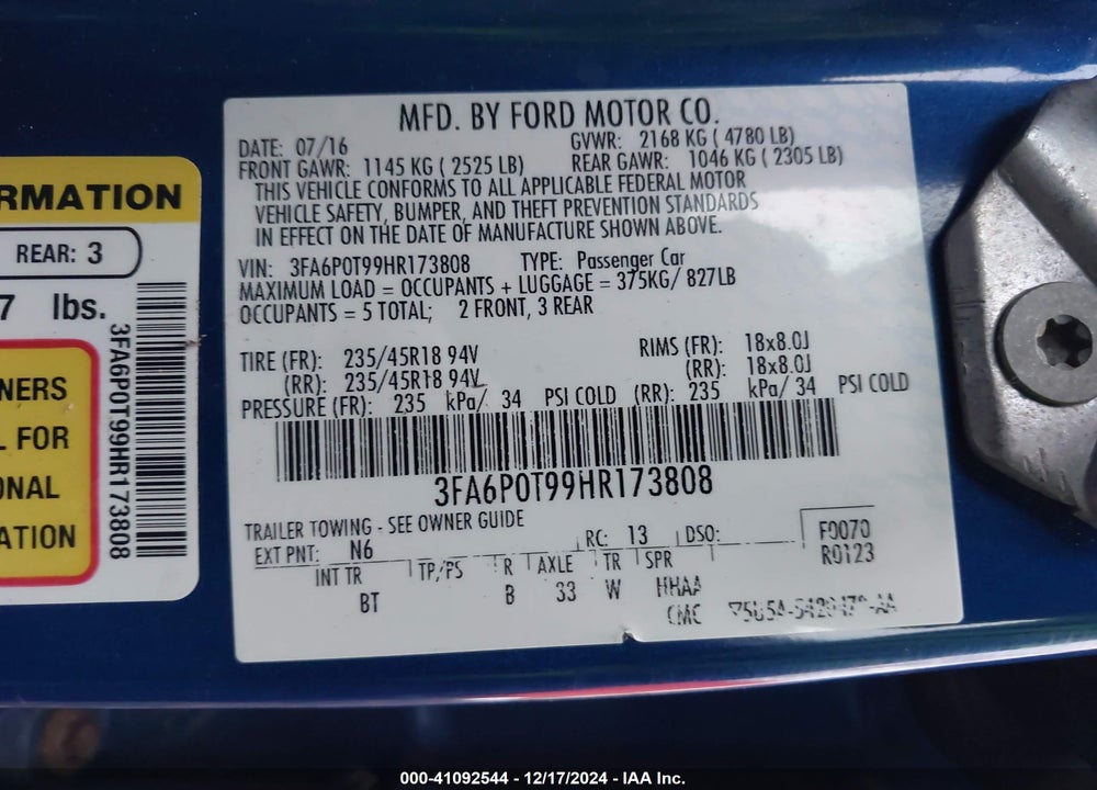 2017 FORD FUSION SE VIN: 3FA6P0T99HR173808