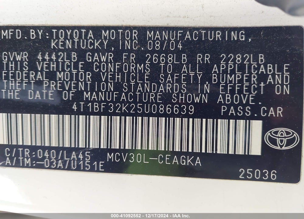 2005 TOYOTA CAMRY XLE V6 VIN: 4T1BF32K25U086639