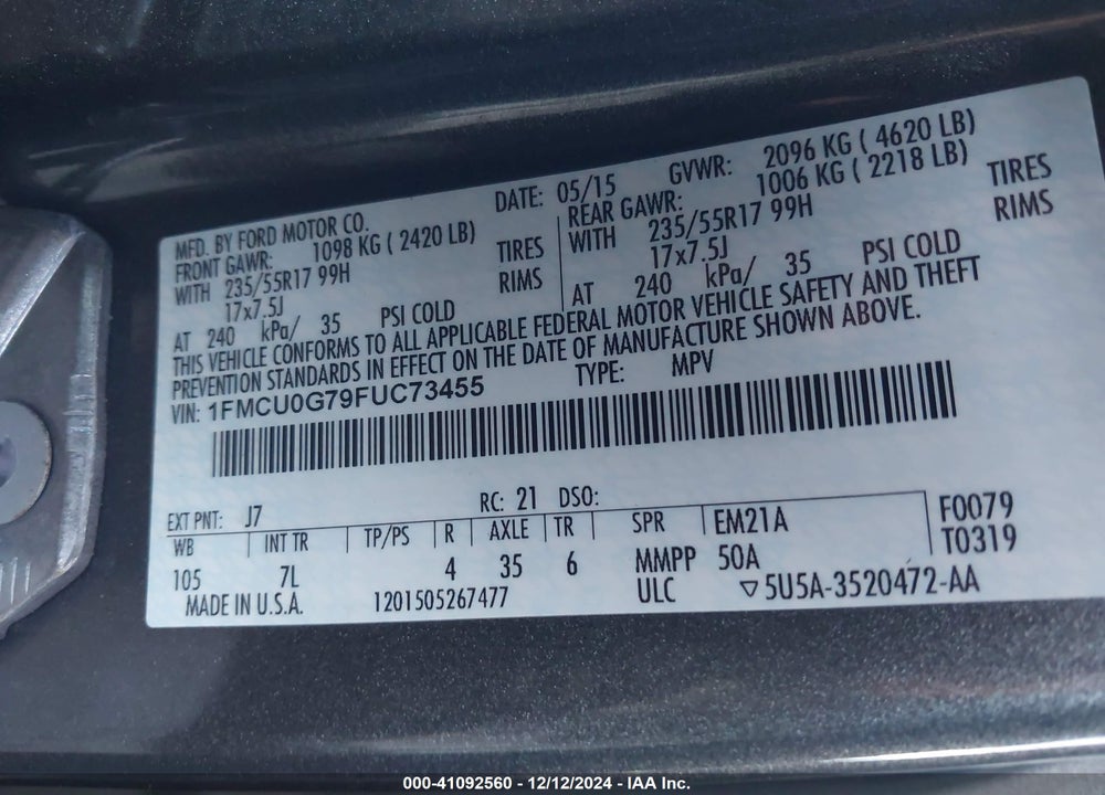 2015 FORD ESCAPE SE VIN: 1FMCU0G79FUC73455