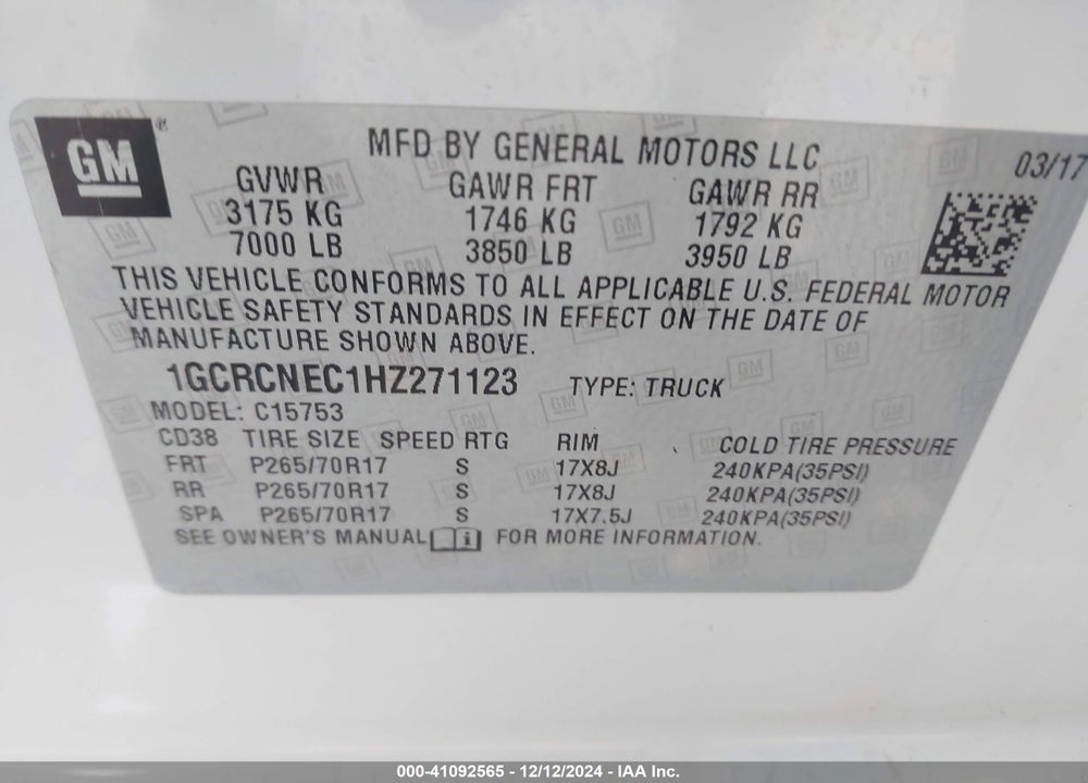 2017 CHEVROLET SILVERADO 1500 WT VIN: 1GCRCNEC1HZ271123