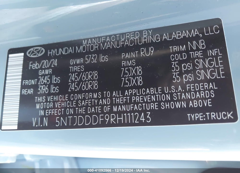 2024 HYUNDAI SANTA CRUZ VIN: 5NTJDDDF9RH111243