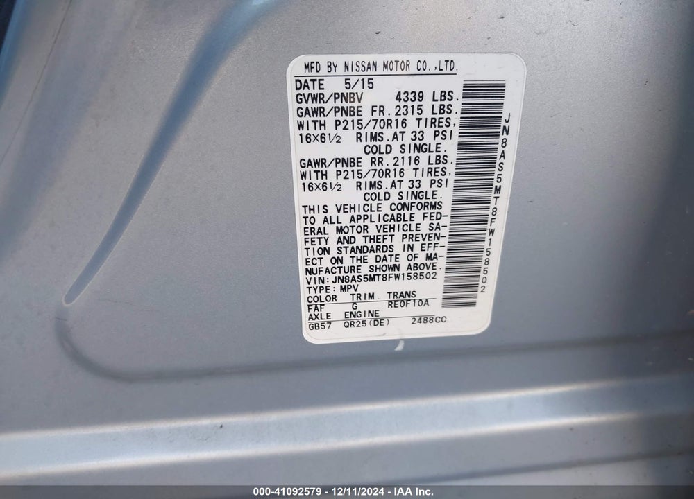 2015 NISSAN ROGUE SELECT S VIN: JN8AS5MT8FW158502