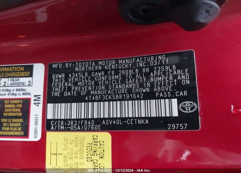 2011 TOYOTA CAMRY LE VIN: 4T4BF3EK5BR191642