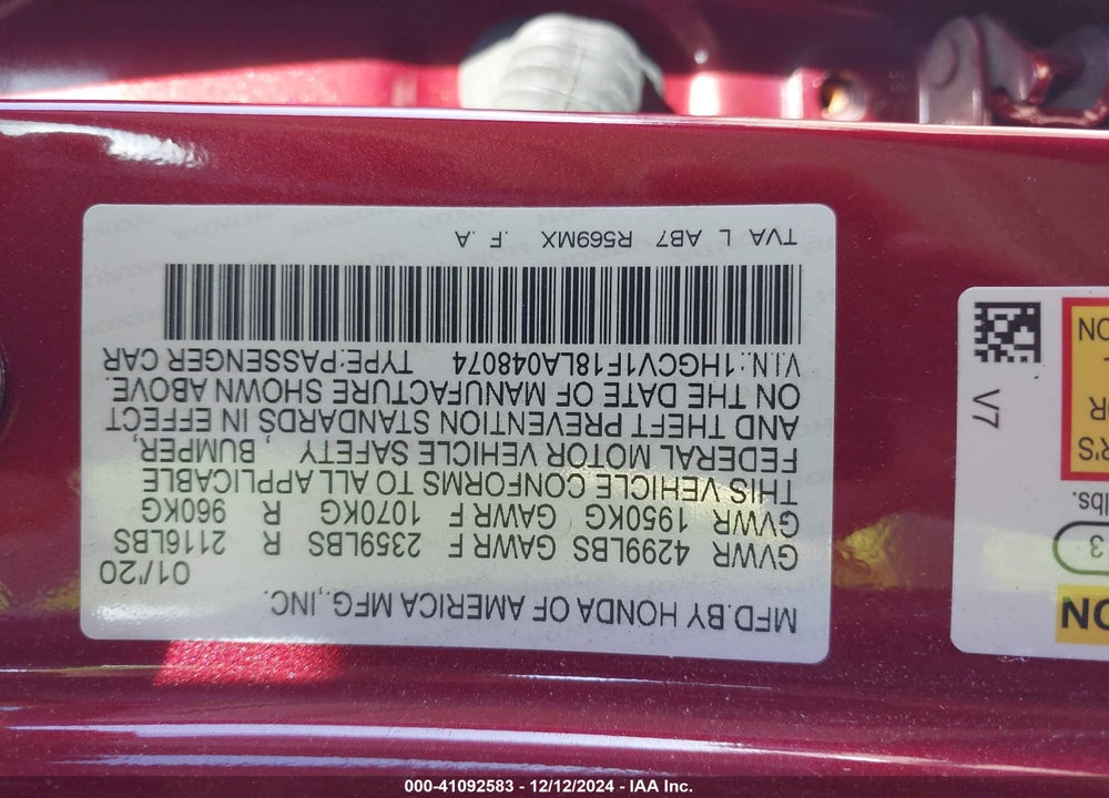 2020 HONDA ACCORD VIN: 1HGCV1F18LA048074