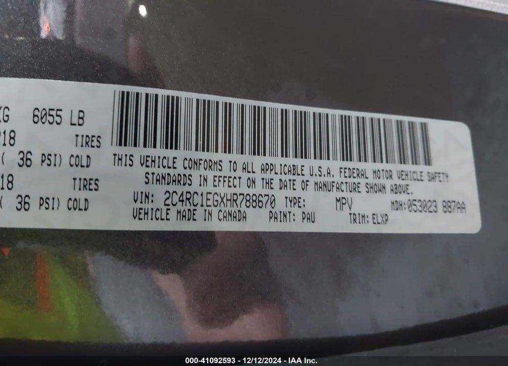 2017 CHRYSLER PACIFICA TOURING L PLUS VIN: 2C4RC1EGXHR788670