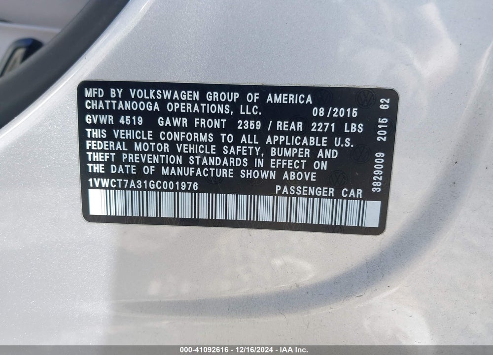 2016 VOLKSWAGEN PASSAT 1.8T SEL PREMIUM VIN: 1VWCT7A31GC001976