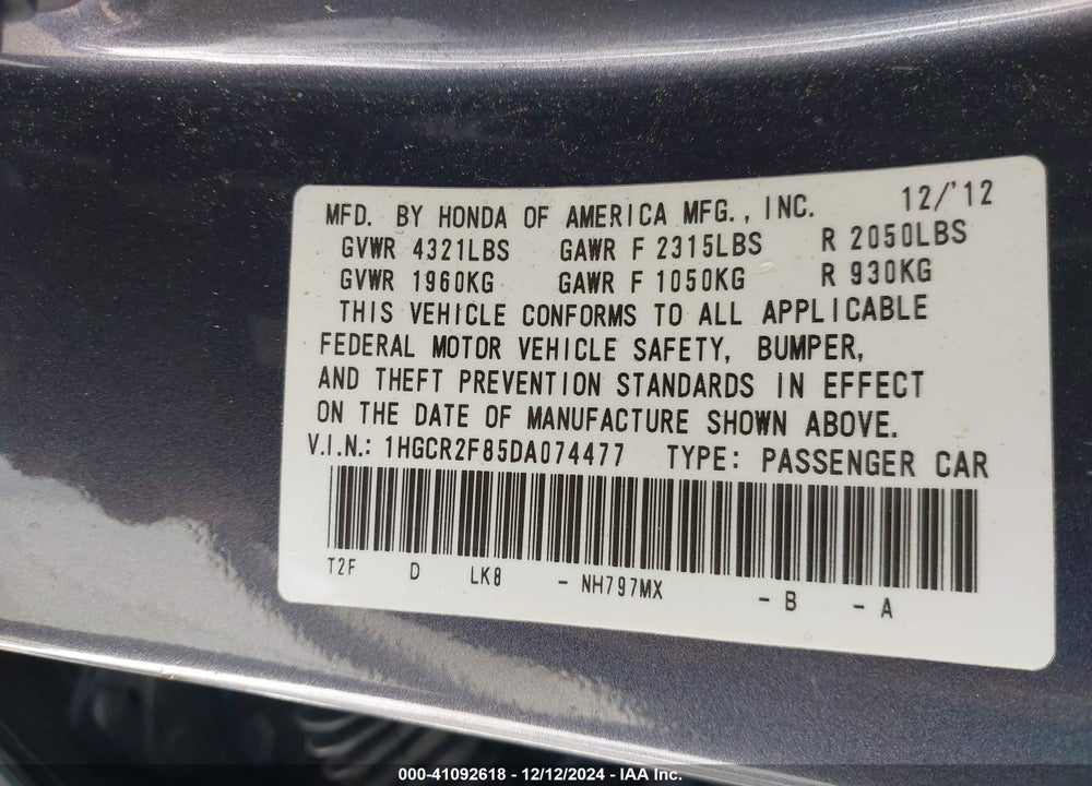 2013 HONDA ACCORD EX-L VIN: 1HGCR2F85DA074477