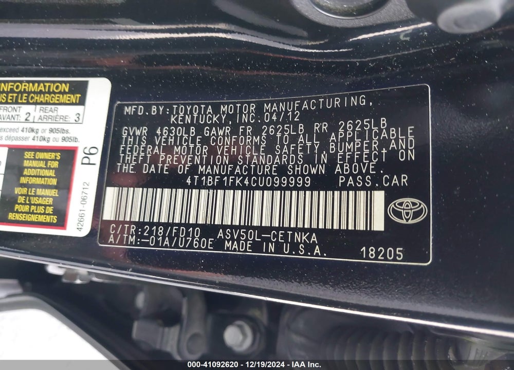 2012 TOYOTA CAMRY VIN: 4T1BF1FK4CU099999