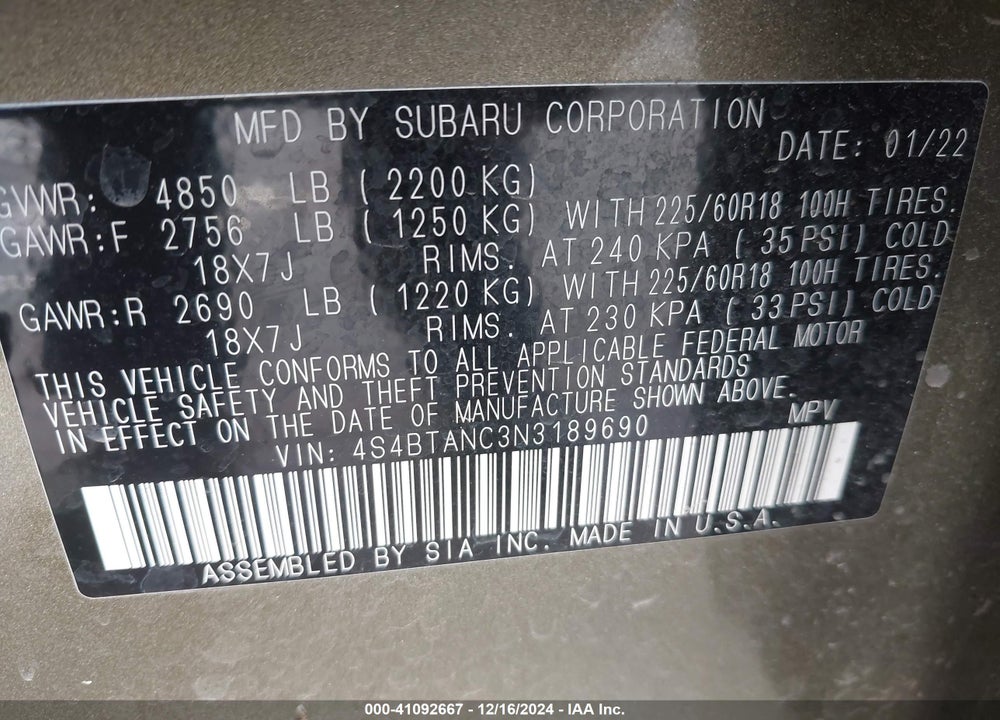 2022 SUBARU OUTBACK LIMITED VIN: 4S4BTANC3N3189690