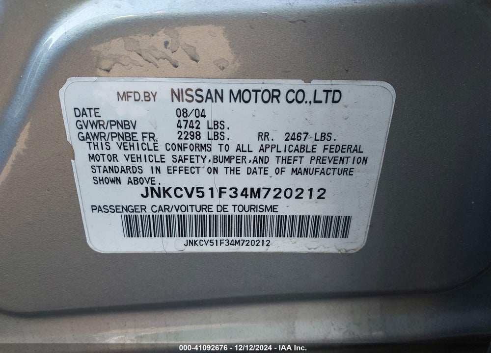 2004 INFINITI G35X VIN: JNKCV51F34M720212