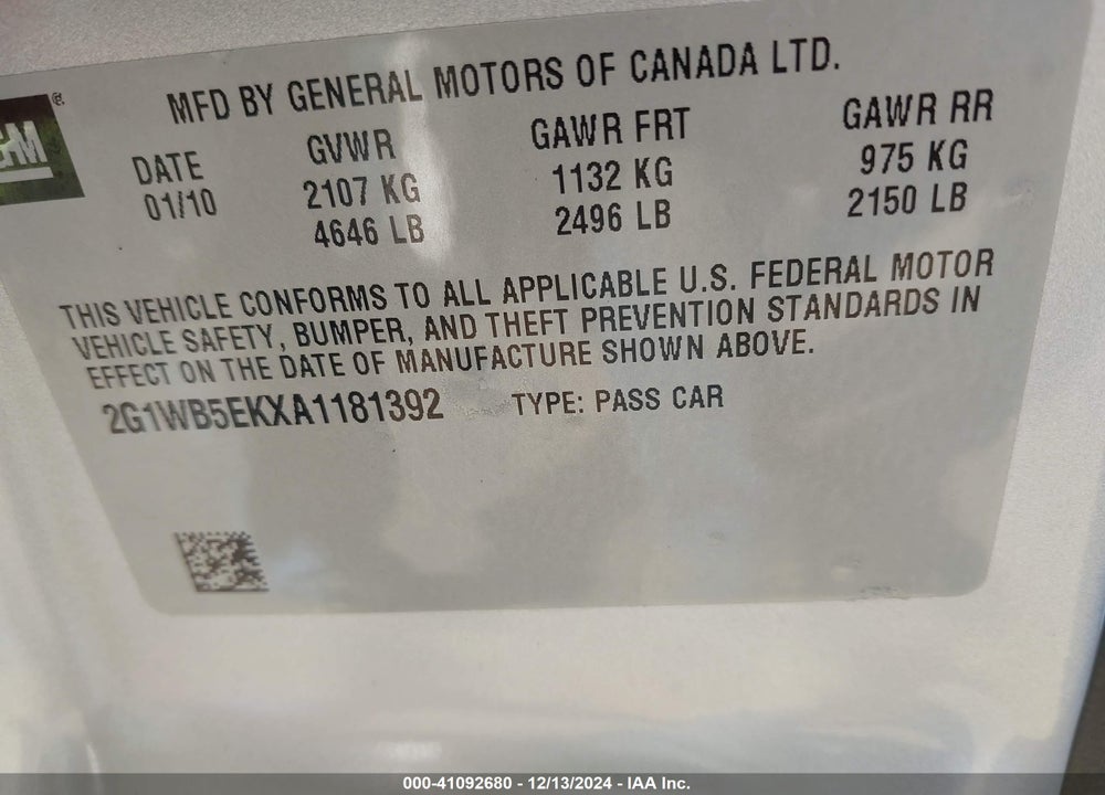 2010 CHEVROLET IMPALA VIN: 2G1WB5EKXA1181392