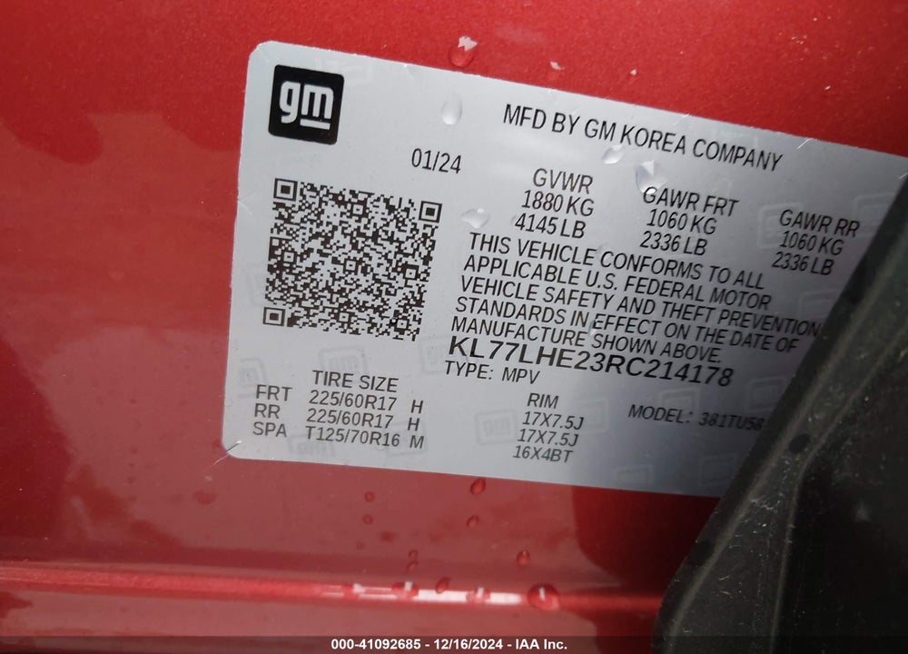 2024 CHEVROLET TRAX FWD LT VIN: KL77LHE23RC214178