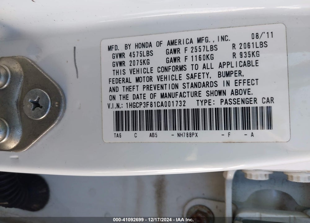 2012 HONDA ACCORD 3.5 EX-L VIN: 1HGCP3F81CA001732