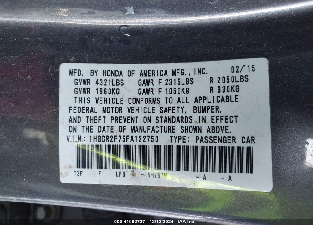 2015 HONDA ACCORD VIN: 1HGCR2F75FA122750
