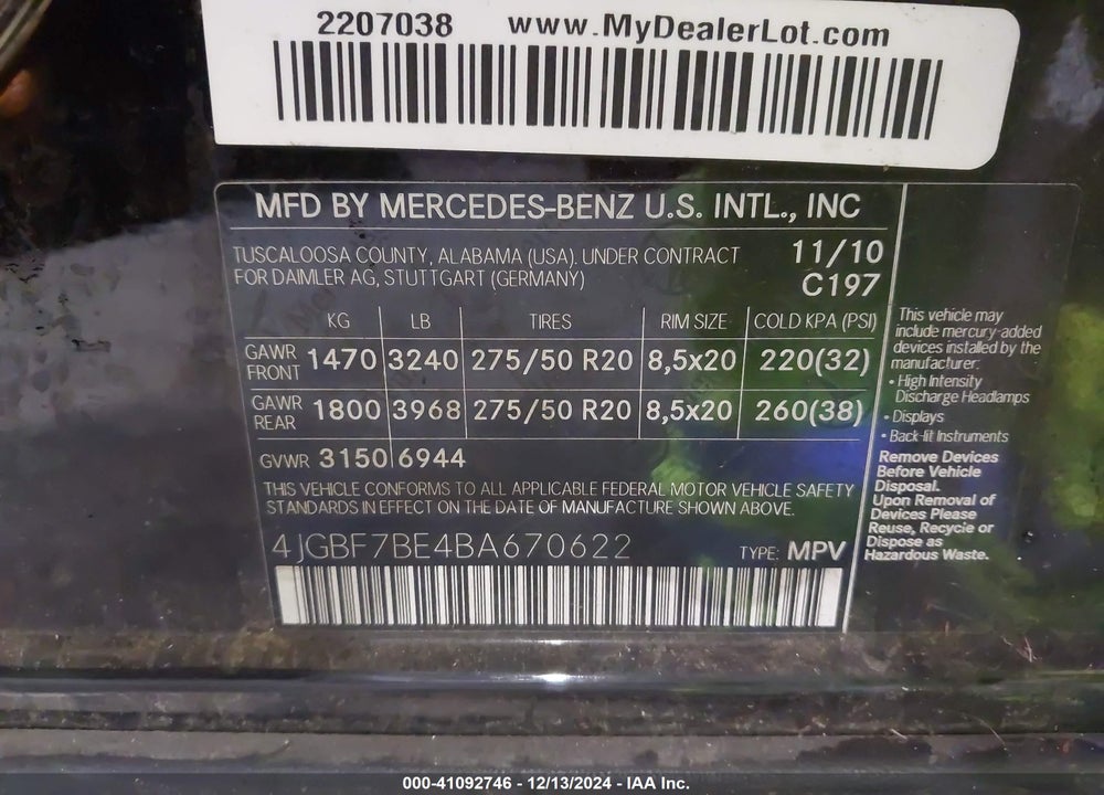 2011 MERCEDES-BENZ GL 450 4MATIC VIN: 4JGBF7BE4BA670622