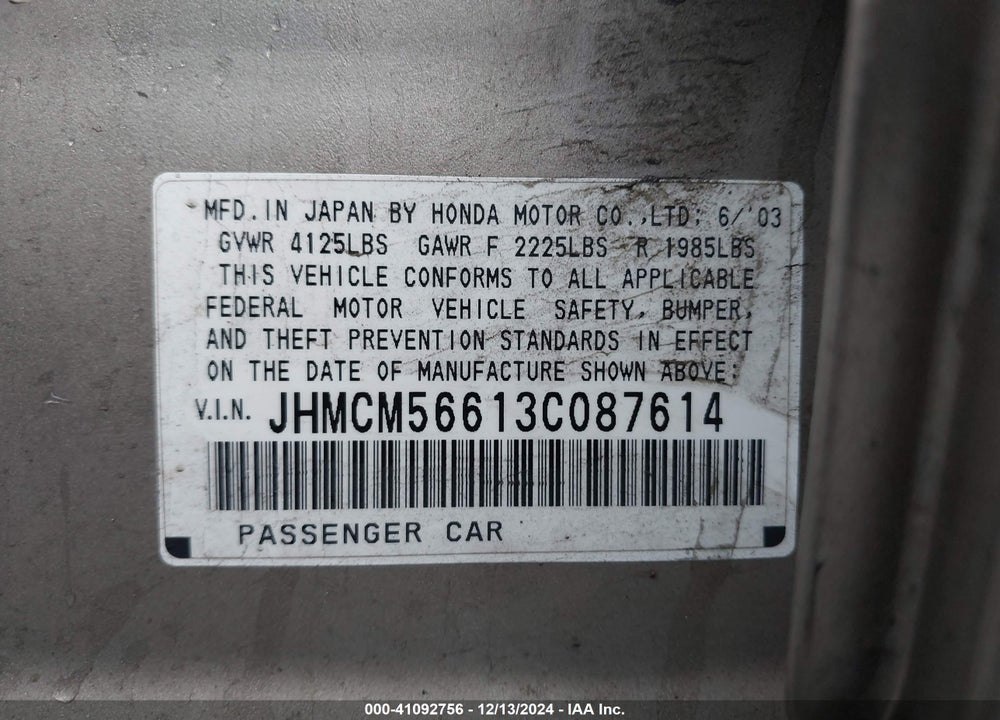 2003 HONDA ACCORD 2.4 EX VIN: JHMCM56613C087614