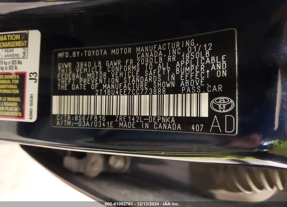 2012 TOYOTA COROLLA LE VIN: 2T1BU4EE7CC773888