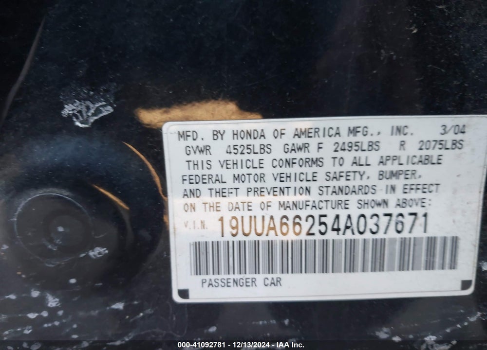 2004 ACURA TL VIN: 19UUA66254A037671