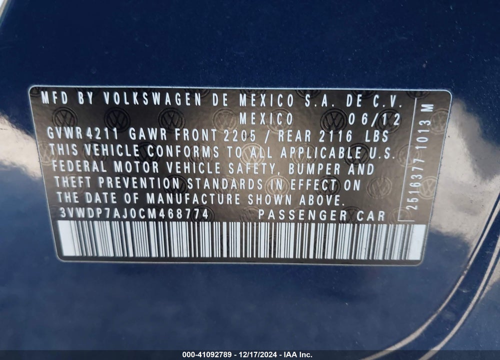 2012 VOLKSWAGEN JETTA 2.5L SE VIN: 3VWDP7AJ0CM468774