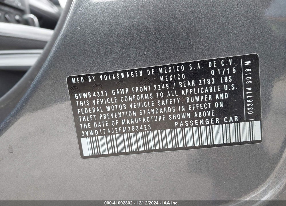 2015 VOLKSWAGEN JETTA 1.8T SE VIN: 3VWD17AJ2FM283423