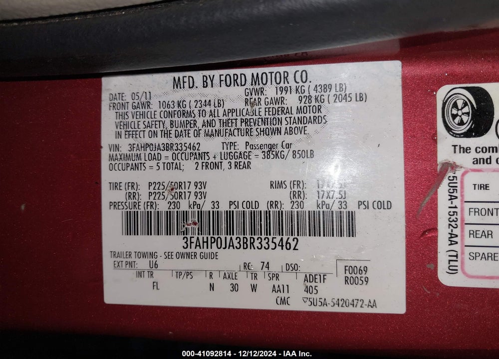 2011 FORD FUSION SEL VIN: 3FAHP0JA3BR335462