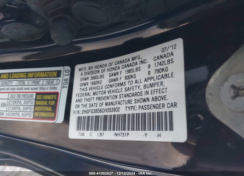 2012 HONDA CIVIC LX VIN: 2HGFG3B56CH553902