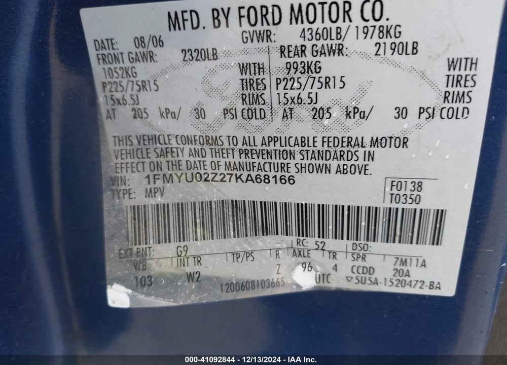 2007 FORD ESCAPE XLS/XLS MANUAL VIN: 1FMYU02Z27KA68166