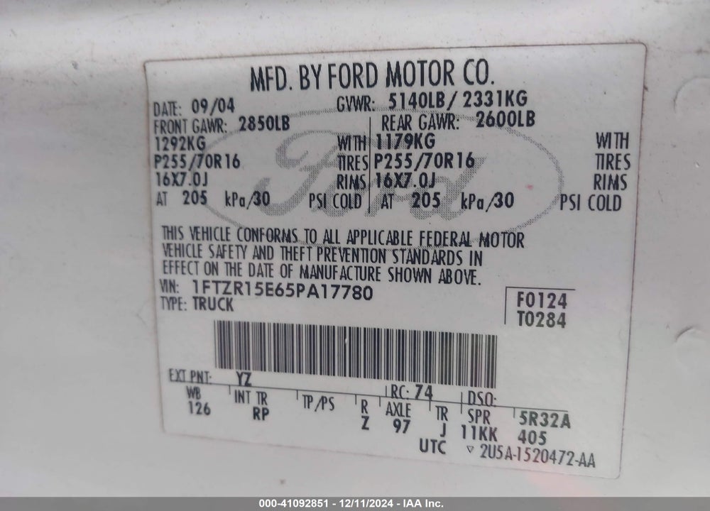 2005 FORD RANGER EDGE/XL/XLT VIN: 1FTZR15E65PA17780
