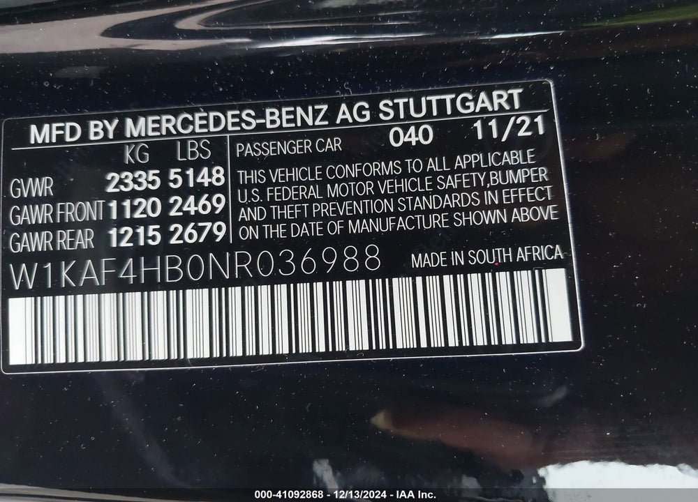 2022 MERCEDES-BENZ C 300 VIN: W1KAF4HB0NR036988