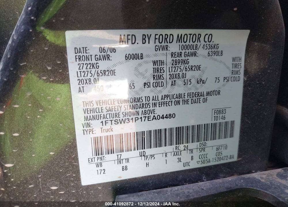 2007 FORD F 350 VIN: 1FTSW31P17EA04480