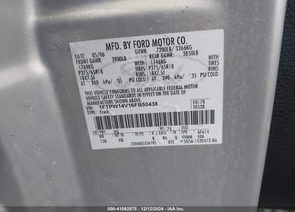 2006 FORD F-150 FX4/LARIAT/XLT VIN: 1FTPW14V16FB50438