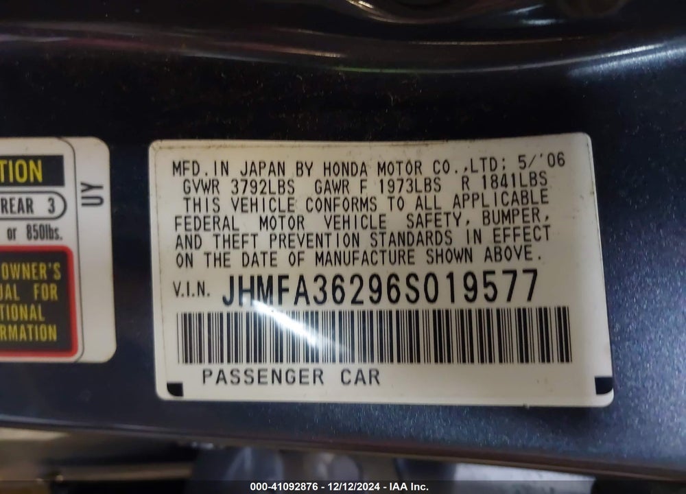 2006 HONDA CIVIC HYBRID VIN: JHMFA36296S019577