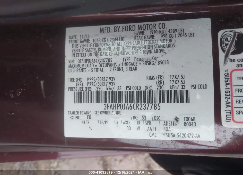 2012 FORD FUSION SEL VIN: 3FAHP0JA6CR237785