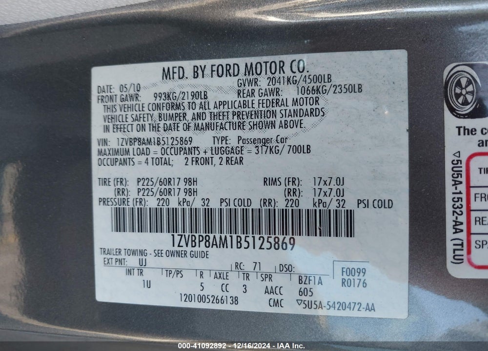 2011 FORD MUSTANG V6 VIN: 1ZVBP8AM1B5125869