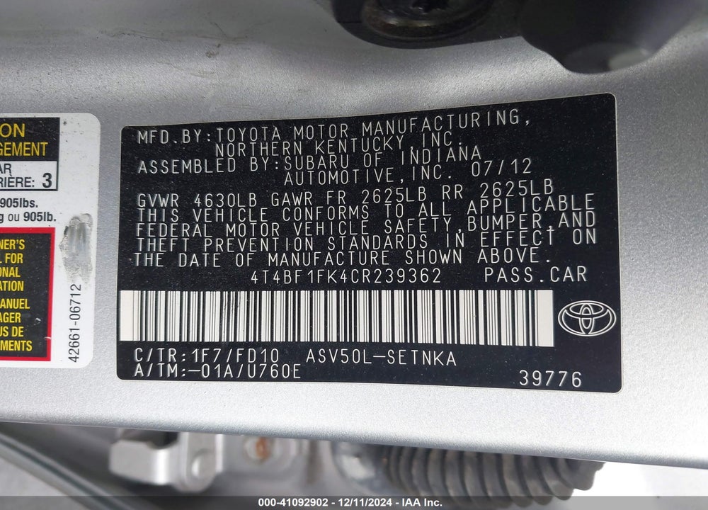 2012 TOYOTA CAMRY LE VIN: 4T4BF1FK4CR239362