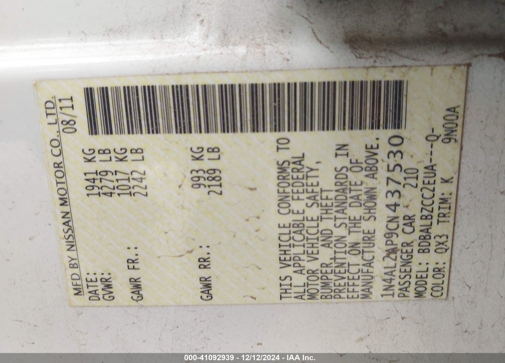2012 NISSAN ALTIMA 2.5 S VIN: 1N4AL2AP9CN437530