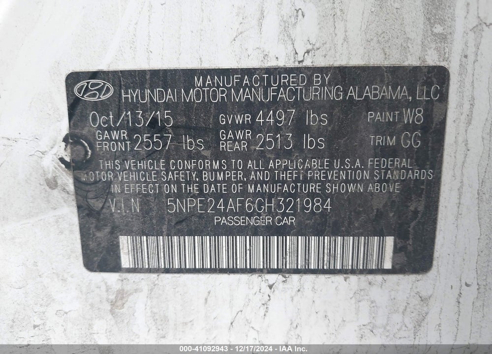 2016 HYUNDAI SONATA SE VIN: 5NPE24AF6GH321984