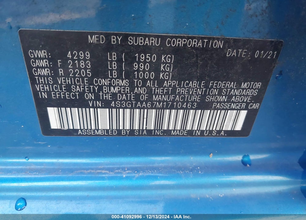 2021 SUBARU IMPREZA 5-DOOR VIN: 4S3GTAA67M1710463