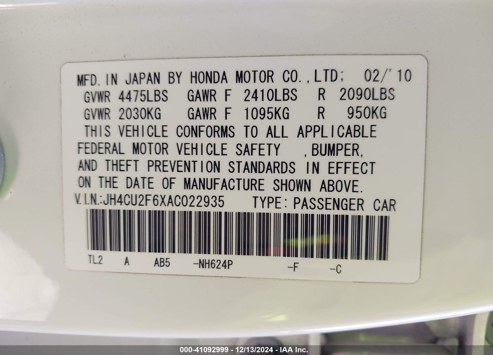 2010 ACURA TSX 2.4 VIN: JH4CU2F6XAC022935