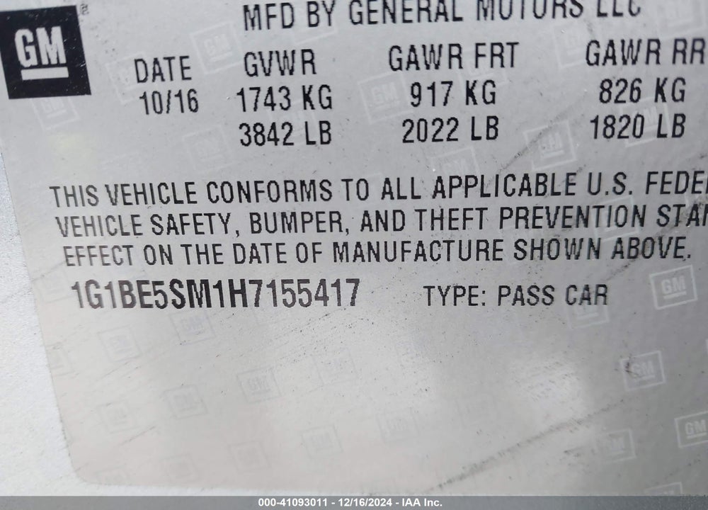 2017 CHEVROLET CRUZE LT AUTO VIN: 1G1BE5SM1H7155417
