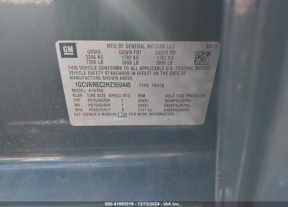 2017 CHEVROLET SILVERADO 1500 VIN: 1GCVKREC2HZ359445