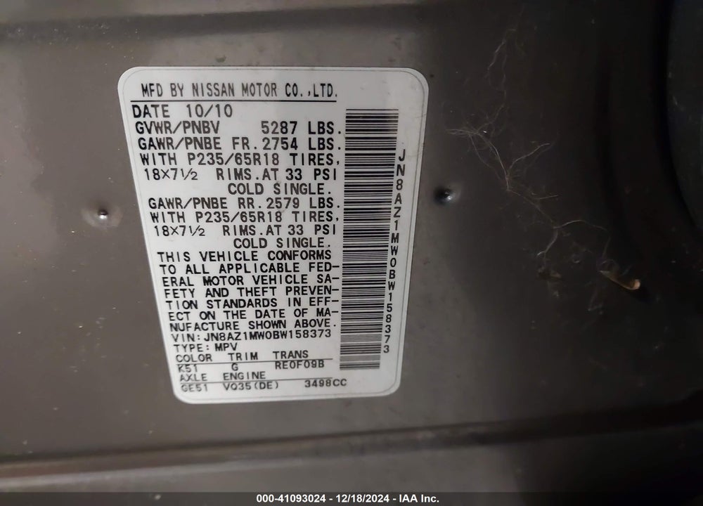 2011 NISSAN MURANO SL VIN: JN8AZ1MW0BW158373