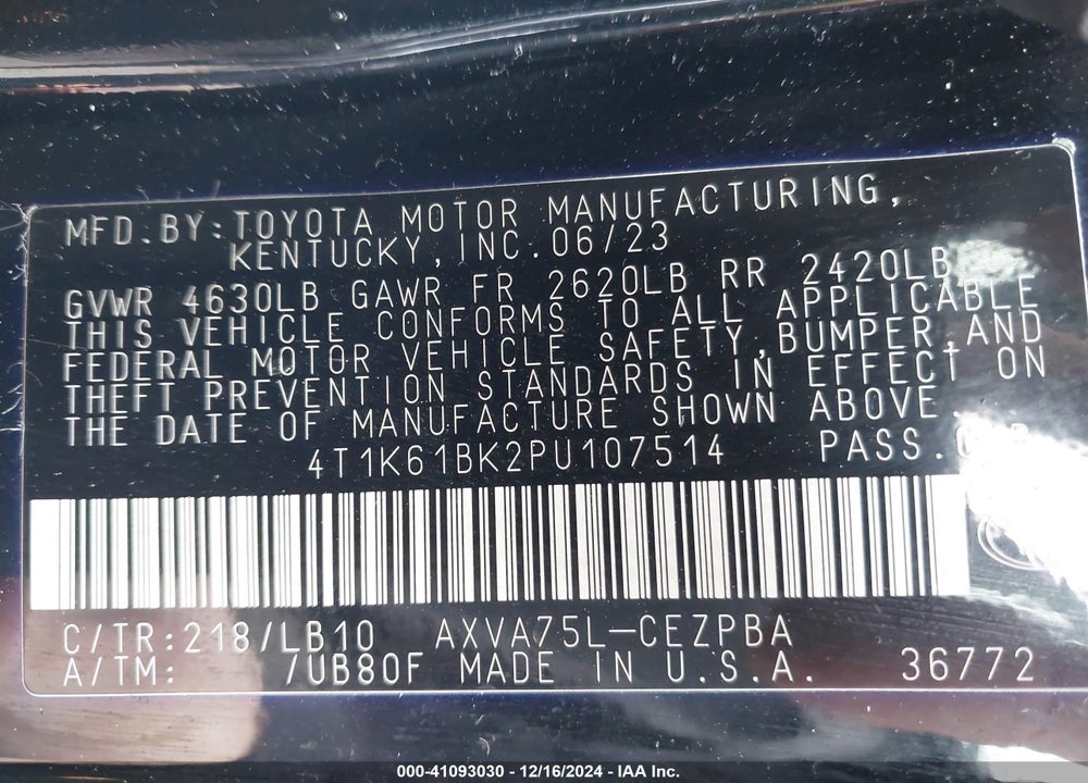 2023 TOYOTA CAMRY VIN: 4T1K61BK2PU107514