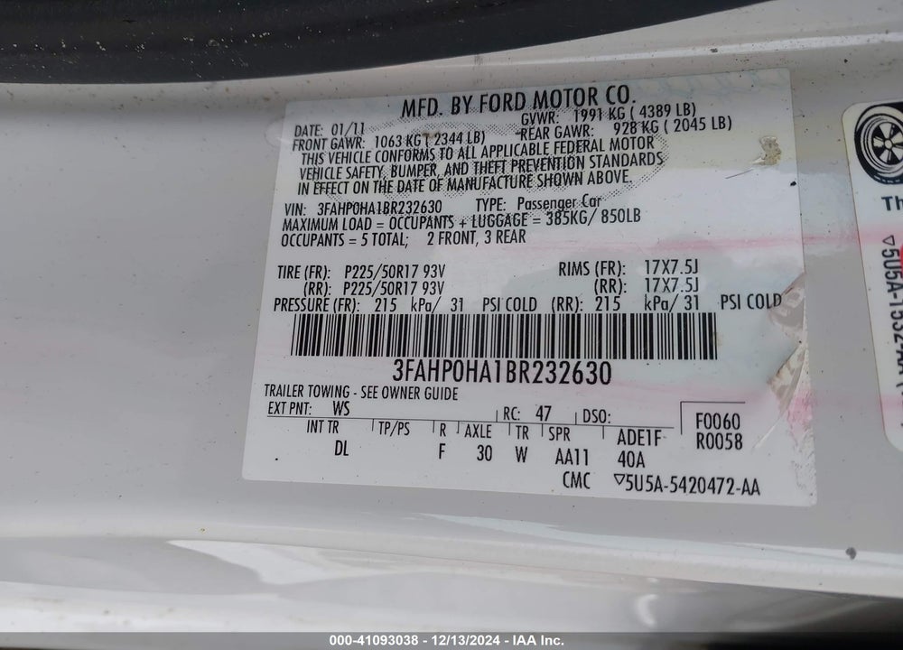 2011 FORD FUSION SE VIN: 3FAHP0HA1BR232630