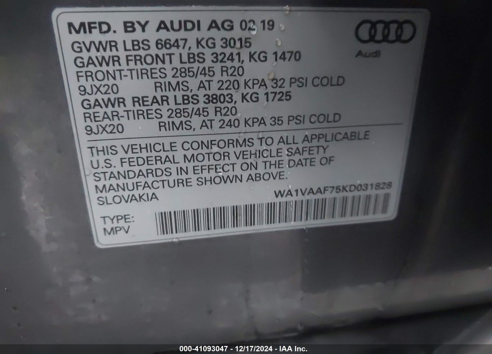 2019 AUDI Q7 55 PREMIUM VIN: WA1VAAF75KD031828
