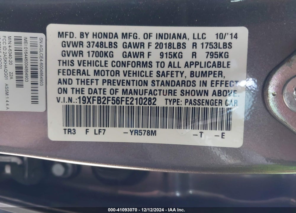 2015 HONDA CIVIC LX VIN: 19XFB2F56FE210282