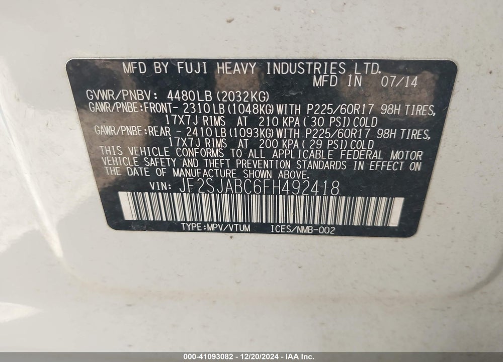 2015 SUBARU FORESTER 2.5I VIN: JF2SJABC6FH492418